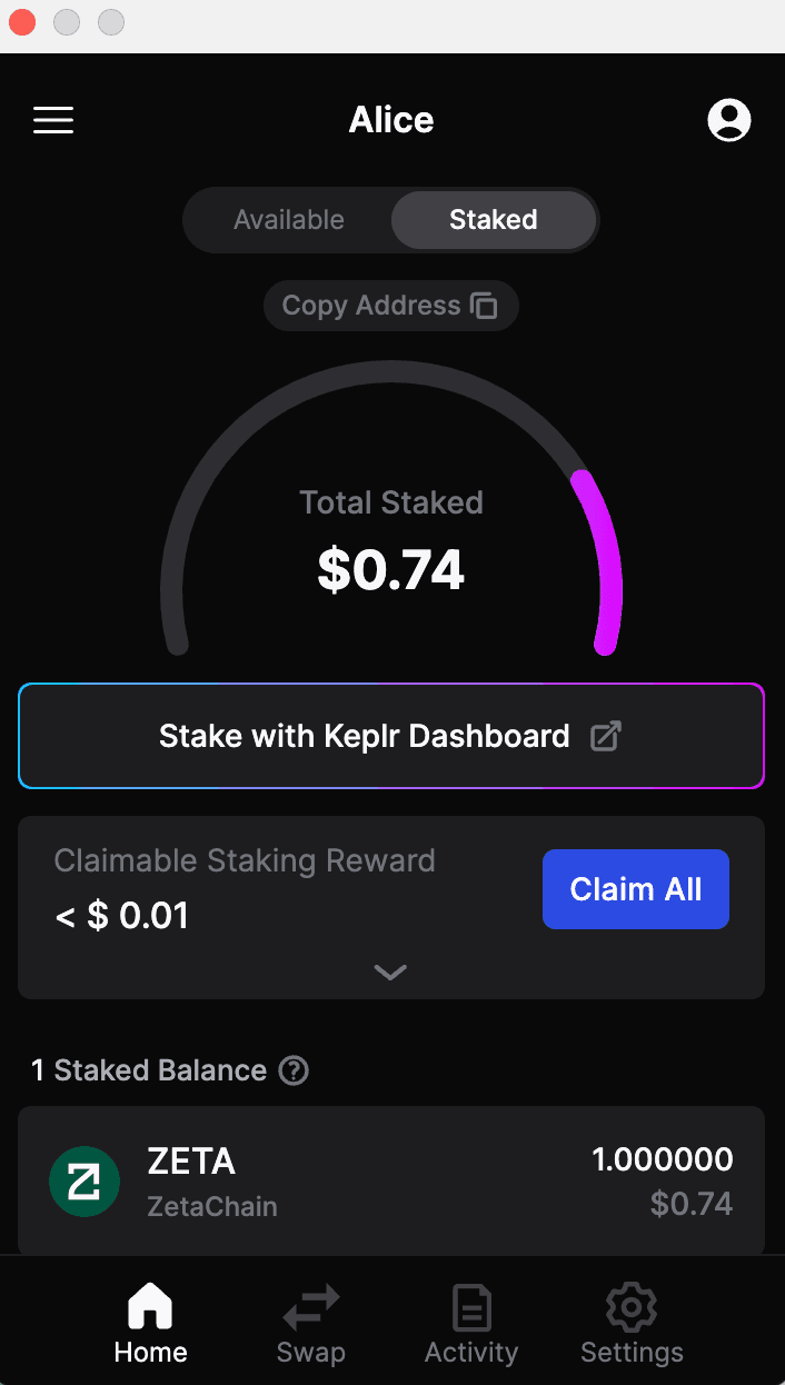 Keplr staking result